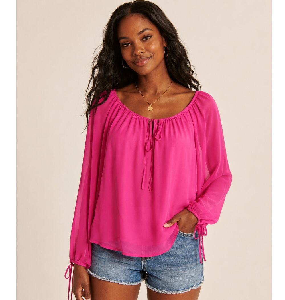 H&M Hot Pink Fuchsia Sheer Peasant Blouse Size 2 Tie Neck Balloon Sleeve Boho
